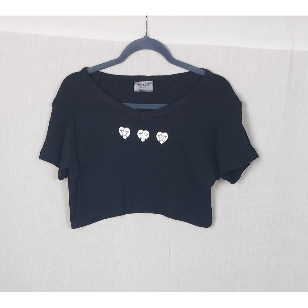 Hard Tail Forever Black Ribbed Crop Top Heart Star Graphic V-Neck One Size Y2K